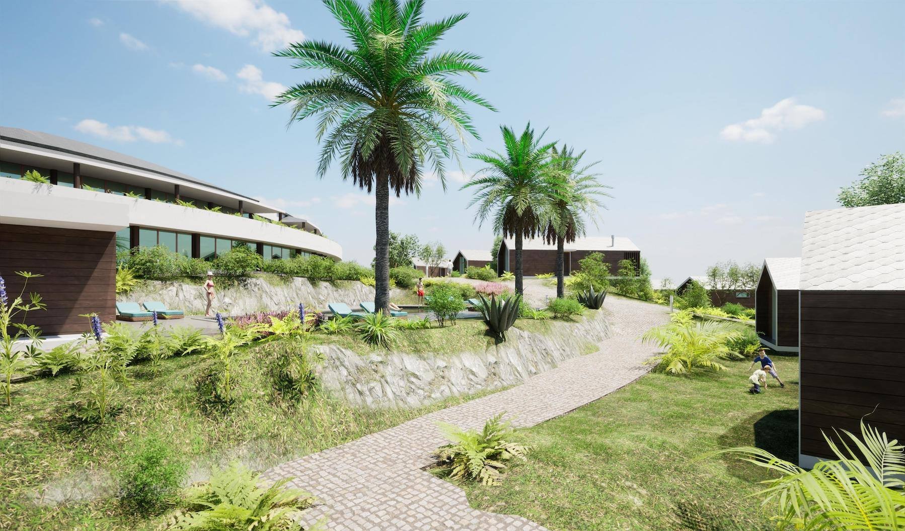 Mockup of restaurant and 5 bungalows 