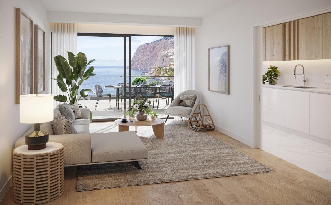 Show home living room with sea view