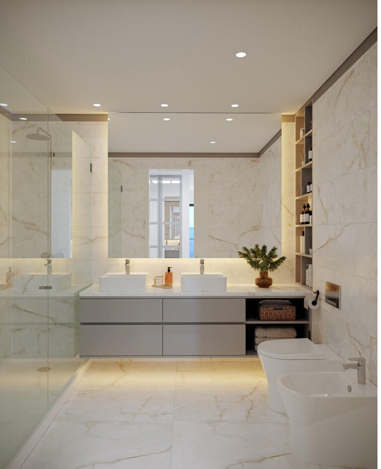 Show home's Large Bathroom with shower, toilet seat, bidet and two wash-hand basins