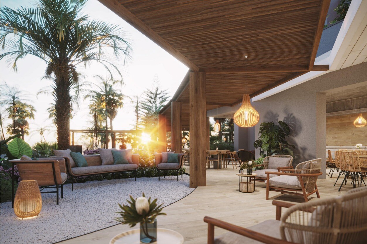 Patio with sofas and lighting in the surroundings of the apartment building