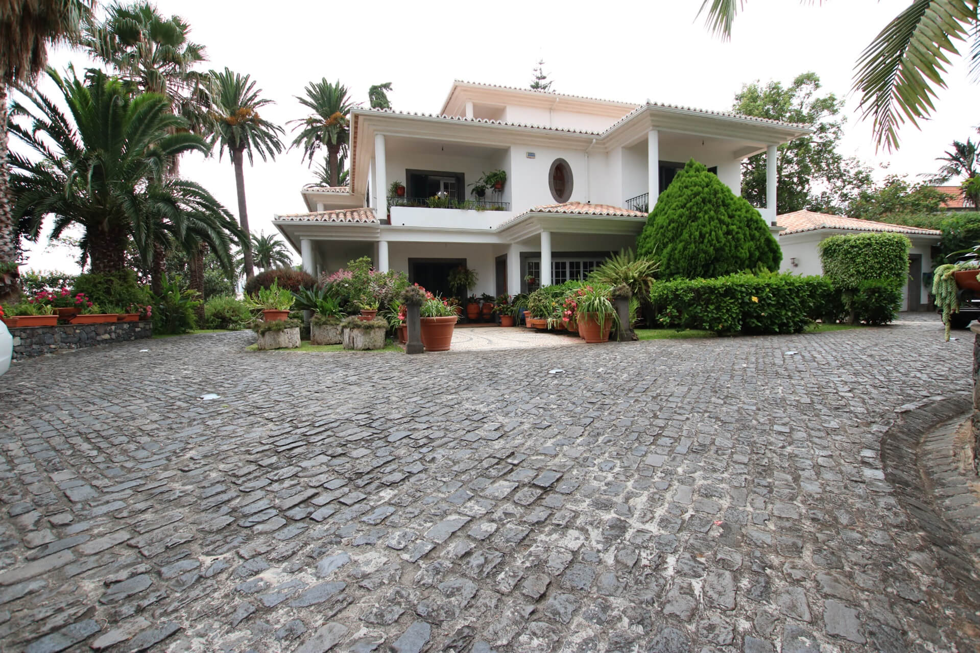 The front facade of the house and it's driveway