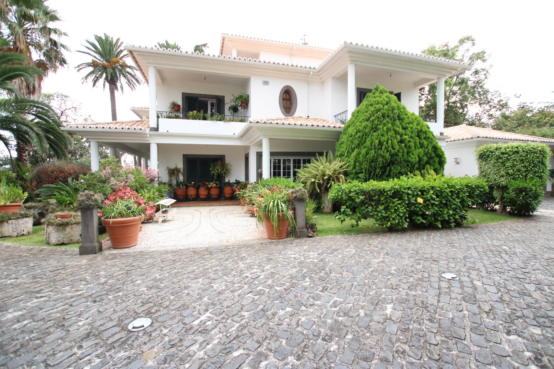 The front facade of the house and it's driveway