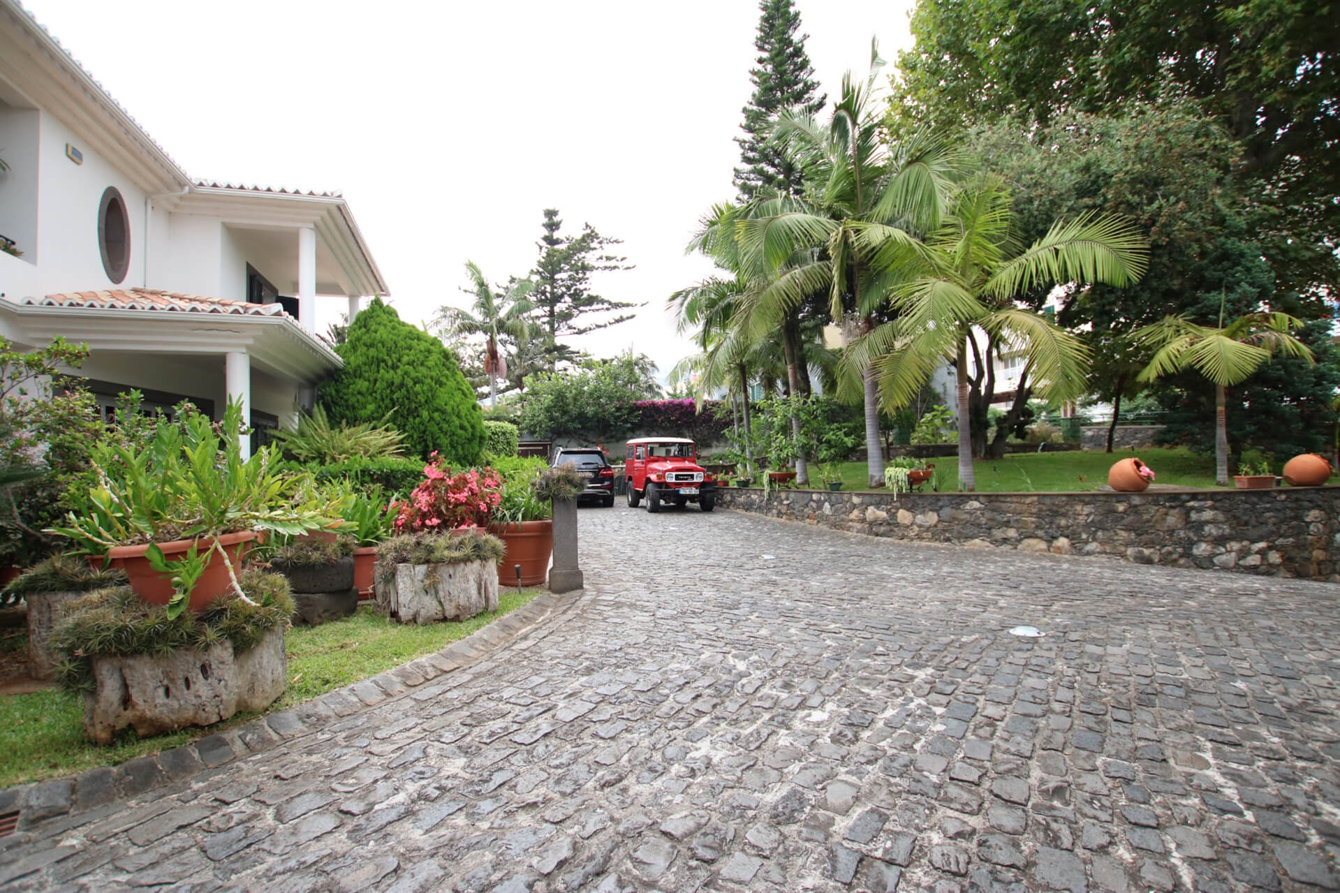 The front facade of the house and it's driveway