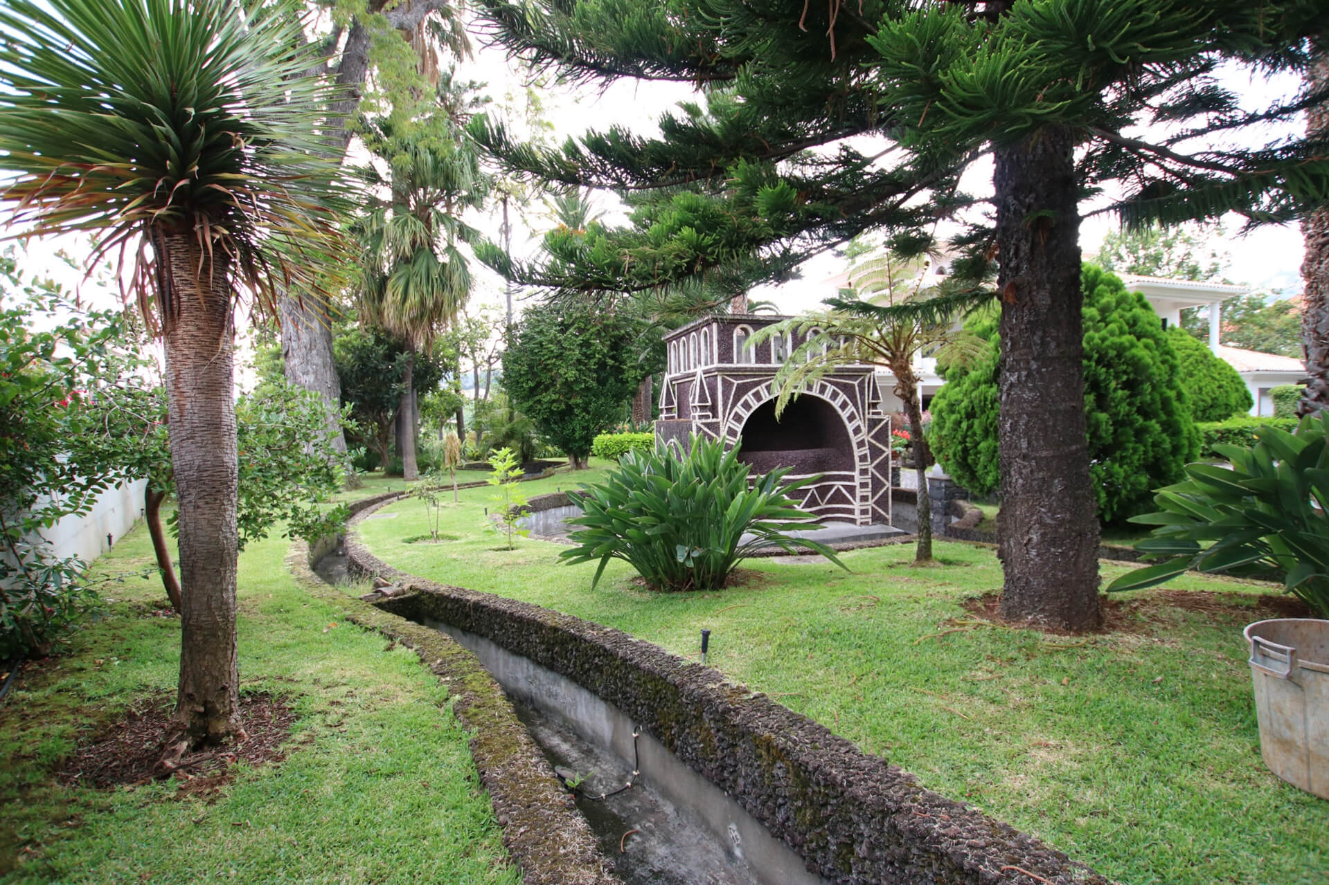 The garden of the house with a little waterway and plants and trees