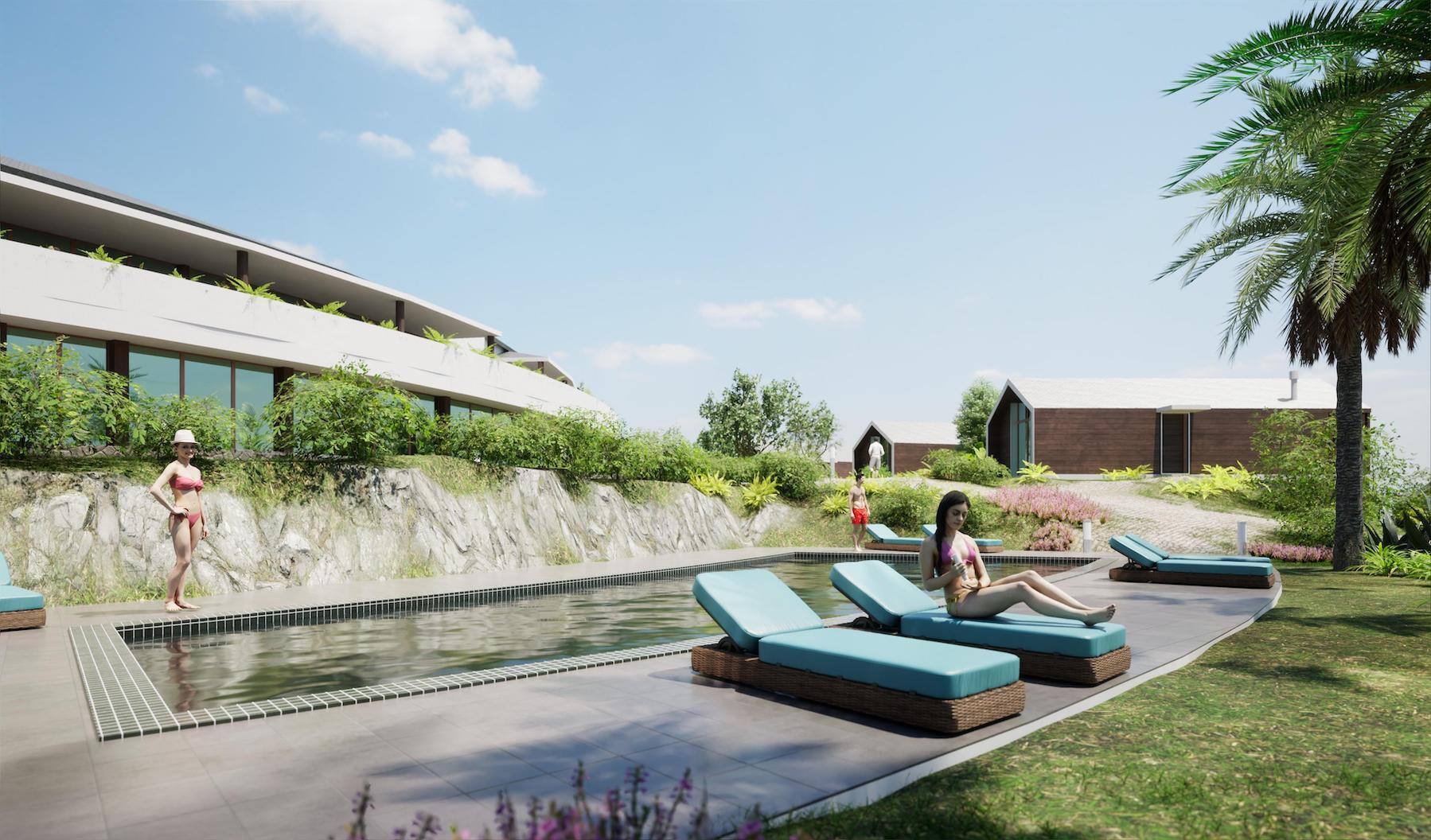 Mockup of restaurant and swimming pool area